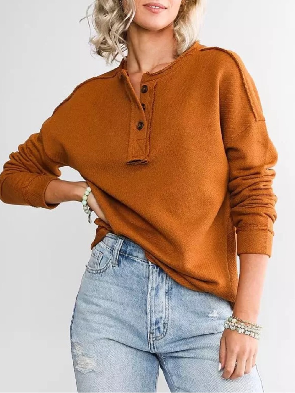 BKE Buckle Liv Outdoor Rey Henley Pullover Mustard Rust Women’s Size Large